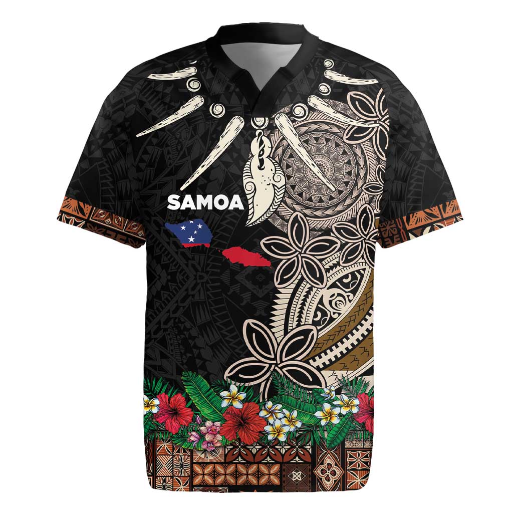 Samoa Siapo Polynesian Art Rugby Jersey Tropical Flowers and Tatau Pattern Brown