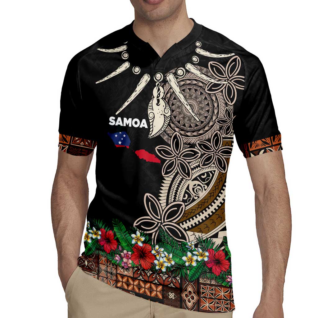 Samoa Siapo Polynesian Art Rugby Jersey Tropical Flowers and Tatau Pattern Brown