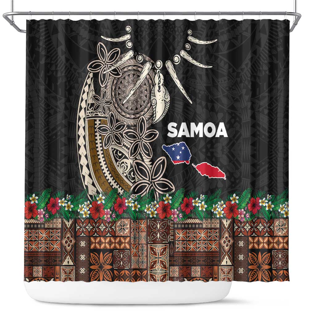 Samoa Siapo Polynesian Art Shower Curtain Tropical Flowers and Tatau Pattern Brown