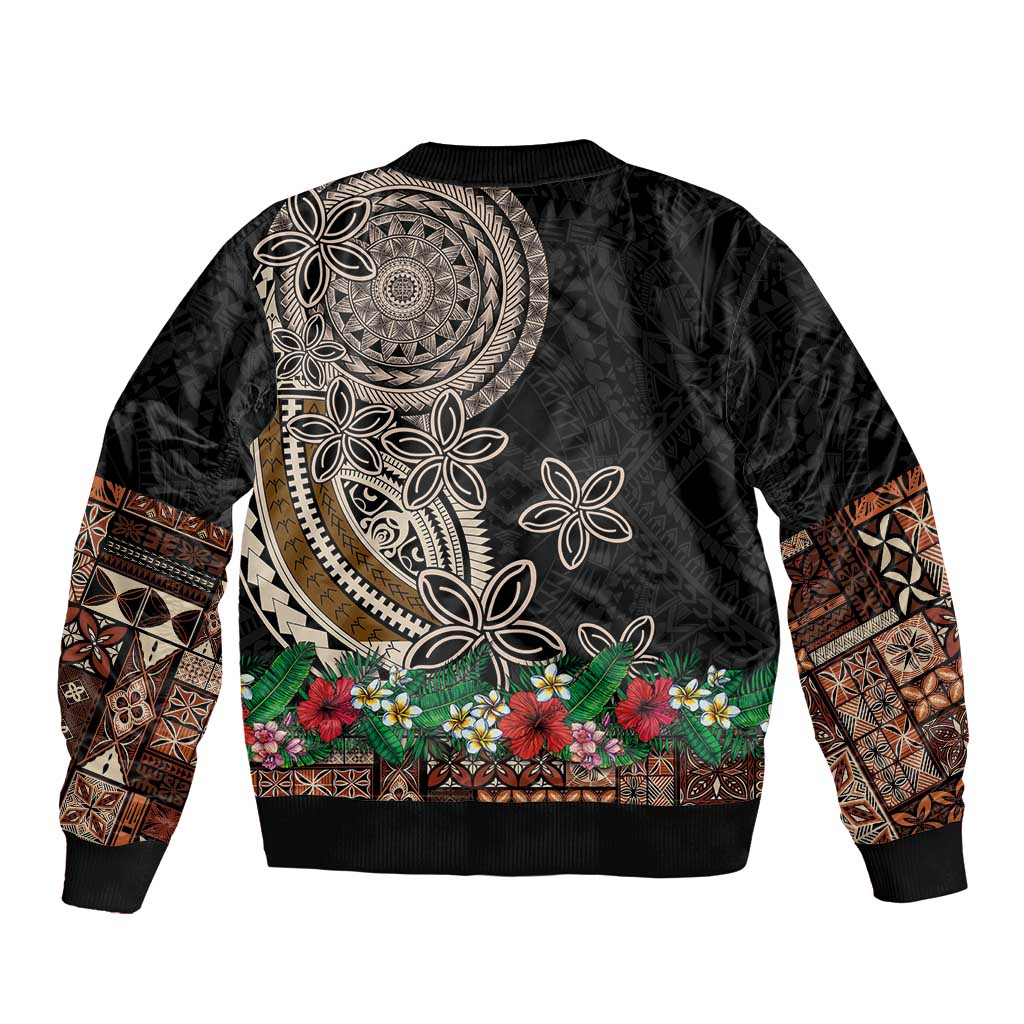 Samoa Siapo Polynesian Art Sleeve Zip Bomber Jacket Tropical Flowers and Tatau Pattern Brown