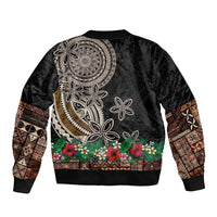 Samoa Siapo Polynesian Art Sleeve Zip Bomber Jacket Tropical Flowers and Tatau Pattern Brown