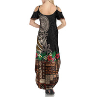 Samoa Siapo Polynesian Art Summer Maxi Dress Tropical Flowers and Tatau Pattern Brown