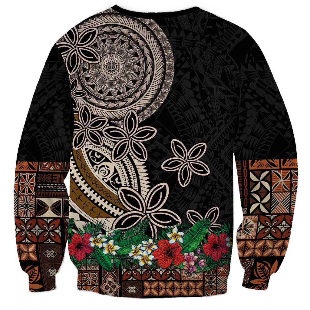 Samoa Siapo Polynesian Art Sweatshirt Tropical Flowers and Tatau Pattern Brown