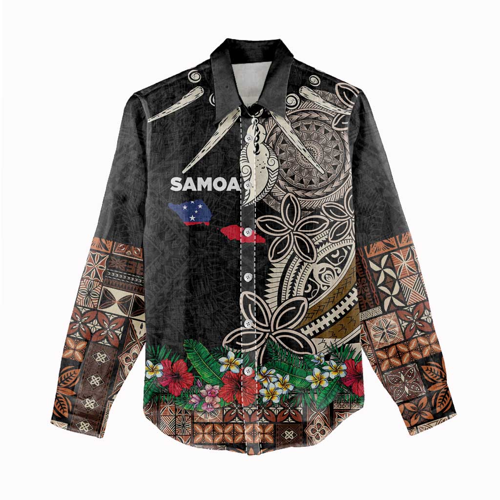 Samoa Siapo Polynesian Art Women Casual Shirt Tropical Flowers and Tatau Pattern Brown