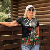 Samoa Siapo Polynesian Art Women Polo Shirt Tropical Flowers and Tatau Pattern Brown