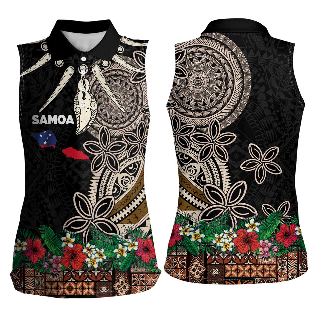 Samoa Siapo Polynesian Art Women Sleeveless Polo Shirt Tropical Flowers and Tatau Pattern Brown