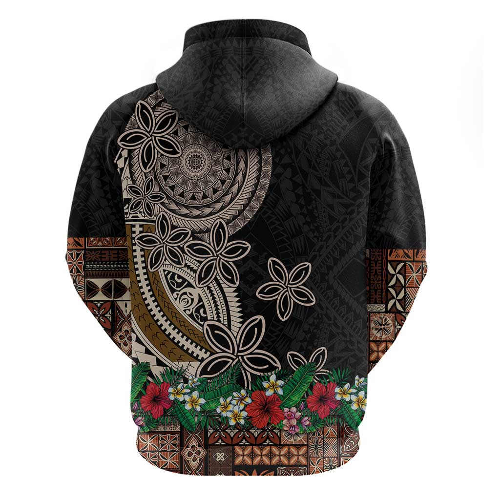 Samoa Siapo Polynesian Art Zip Hoodie Tropical Flowers and Tatau Pattern Brown