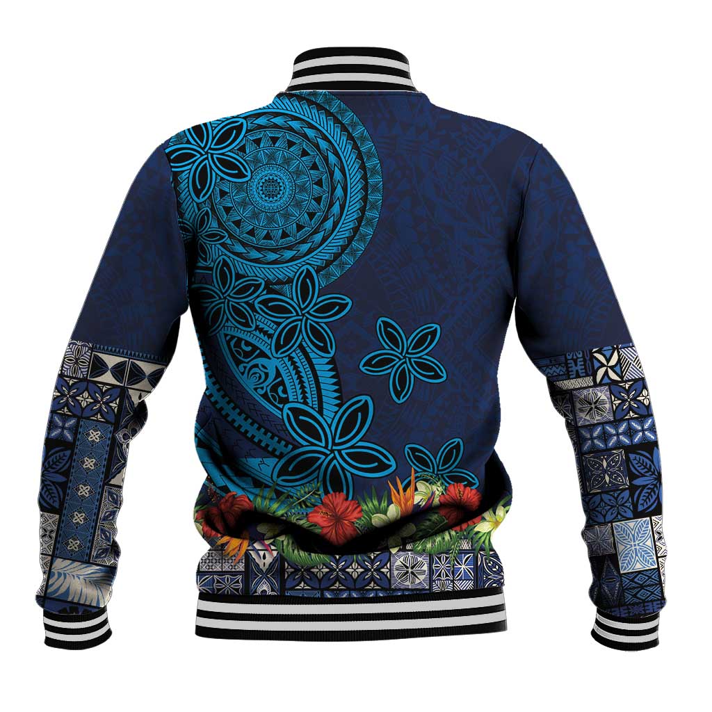 Samoa Siapo Polynesian Art Baseball Jacket Tropical Flowers and Tatau Pattern Navy