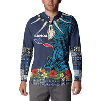 Samoa Siapo Polynesian Art Button Sweatshirt Tropical Flowers and Tatau Pattern Navy