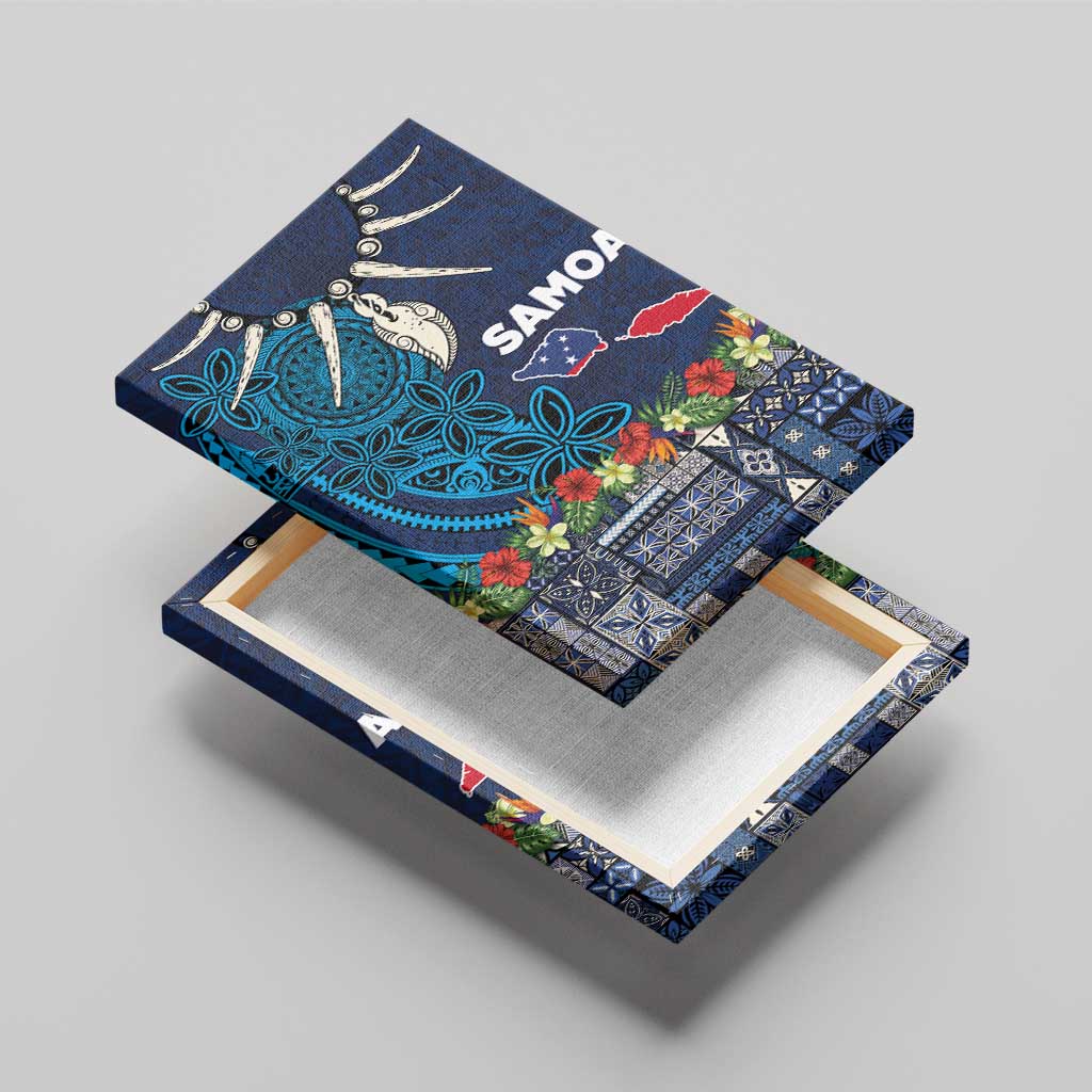 Samoa Siapo Polynesian Art Canvas Wall Art Tropical Flowers and Tatau Pattern Navy