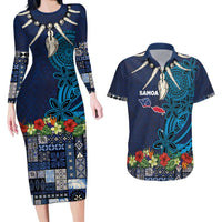Samoa Siapo Polynesian Art Couples Matching Long Sleeve Bodycon Dress and Hawaiian Shirt Tropical Flowers and Tatau Pattern Navy