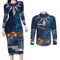 Samoa Siapo Polynesian Art Couples Matching Long Sleeve Bodycon Dress and Long Sleeve Button Shirt Tropical Flowers and Tatau Pattern Navy