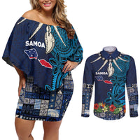 Samoa Siapo Polynesian Art Couples Matching Off Shoulder Short Dress and Long Sleeve Button Shirt Tropical Flowers and Tatau Pattern Navy