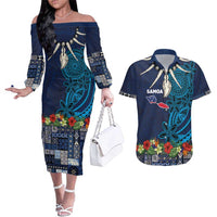 Samoa Siapo Polynesian Art Couples Matching Off The Shoulder Long Sleeve Dress and Hawaiian Shirt Tropical Flowers and Tatau Pattern Navy