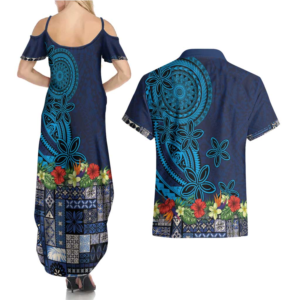Samoa Siapo Polynesian Art Couples Matching Summer Maxi Dress and Hawaiian Shirt Tropical Flowers and Tatau Pattern Navy