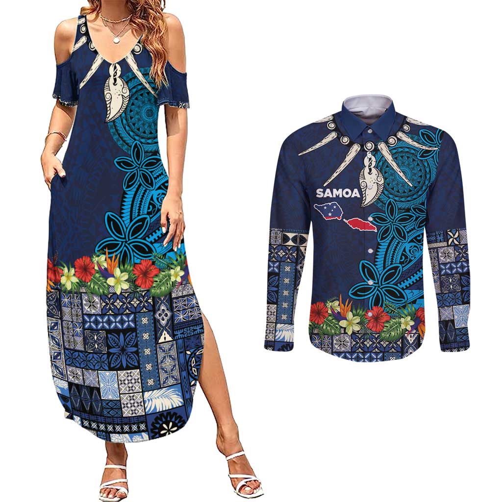 Samoa Siapo Polynesian Art Couples Matching Summer Maxi Dress and Long Sleeve Button Shirt Tropical Flowers and Tatau Pattern Navy