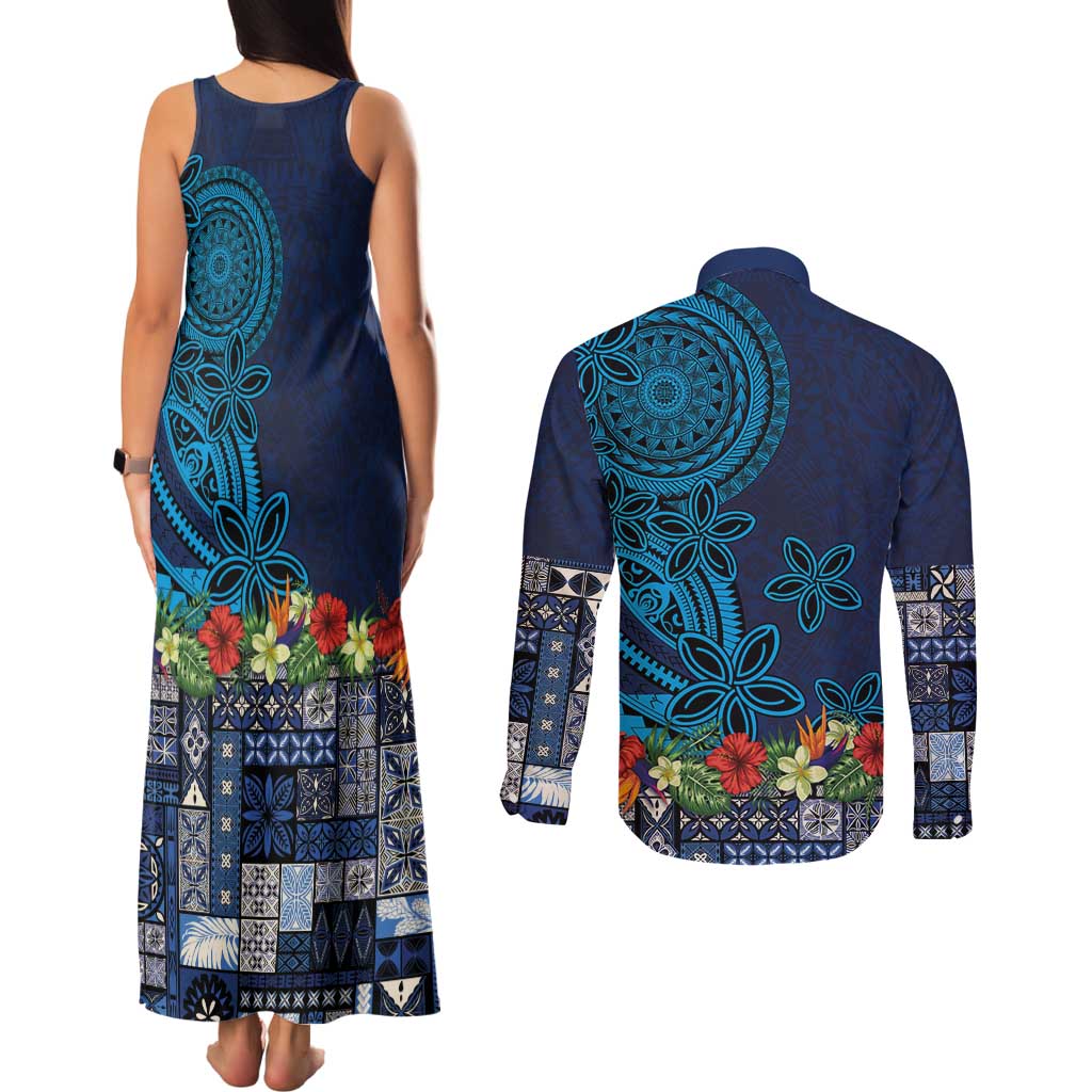 Samoa Siapo Polynesian Art Couples Matching Tank Maxi Dress and Long Sleeve Button Shirt Tropical Flowers and Tatau Pattern Navy