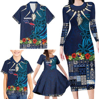 Samoa Siapo Polynesian Art Family Matching Long Sleeve Bodycon Dress and Hawaiian Shirt Tropical Flowers and Tatau Pattern Navy LT03 - Polynesian Pride