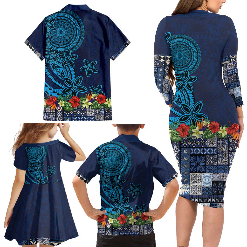 Samoa Siapo Polynesian Art Family Matching Long Sleeve Bodycon Dress and Hawaiian Shirt Tropical Flowers and Tatau Pattern Navy LT03 - Polynesian Pride