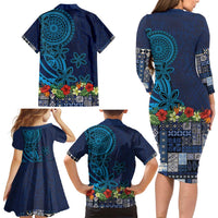 Samoa Siapo Polynesian Art Family Matching Long Sleeve Bodycon Dress and Hawaiian Shirt Tropical Flowers and Tatau Pattern Navy LT03 - Polynesian Pride