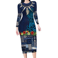 Samoa Siapo Polynesian Art Family Matching Long Sleeve Bodycon Dress and Hawaiian Shirt Tropical Flowers and Tatau Pattern Navy LT03 Mom's Dress Navy - Polynesian Pride
