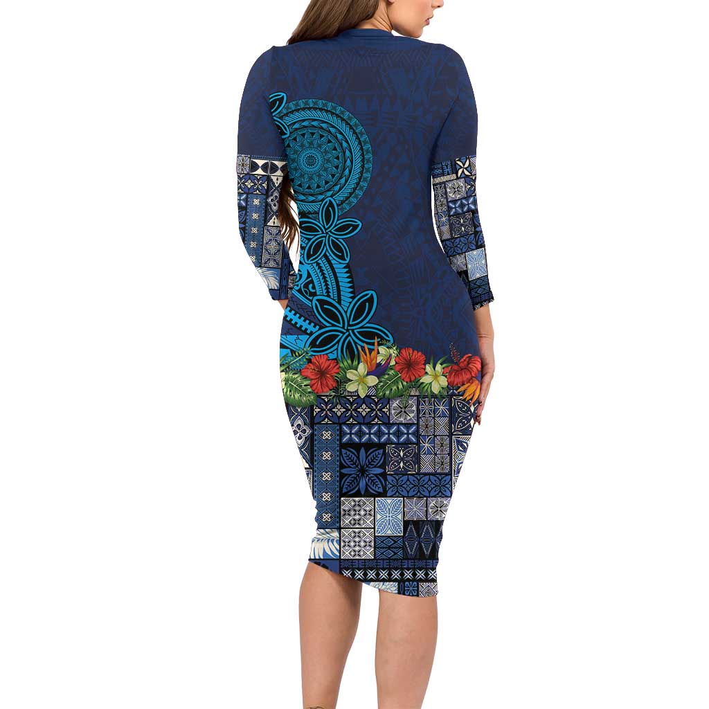 Samoa Siapo Polynesian Art Family Matching Long Sleeve Bodycon Dress and Hawaiian Shirt Tropical Flowers and Tatau Pattern Navy LT03 - Polynesian Pride
