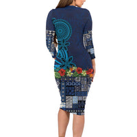 Samoa Siapo Polynesian Art Family Matching Long Sleeve Bodycon Dress and Hawaiian Shirt Tropical Flowers and Tatau Pattern Navy LT03 - Polynesian Pride
