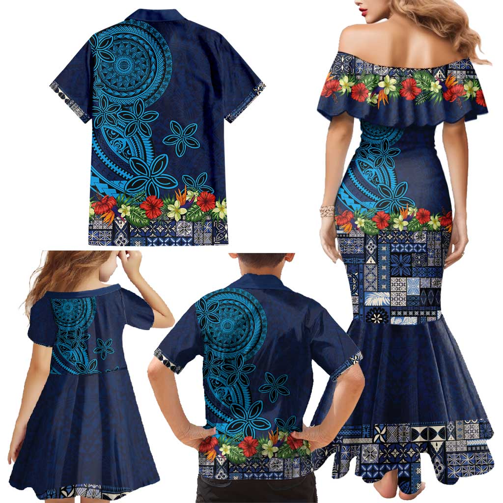 Samoa Siapo Polynesian Art Family Matching Mermaid Dress and Hawaiian Shirt Tropical Flowers and Tatau Pattern Navy LT03 - Polynesian Pride
