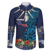 Samoa Siapo Polynesian Art Family Matching Mermaid Dress and Hawaiian Shirt Tropical Flowers and Tatau Pattern Navy LT03 Dad's Shirt - Long Sleeve Navy - Polynesian Pride