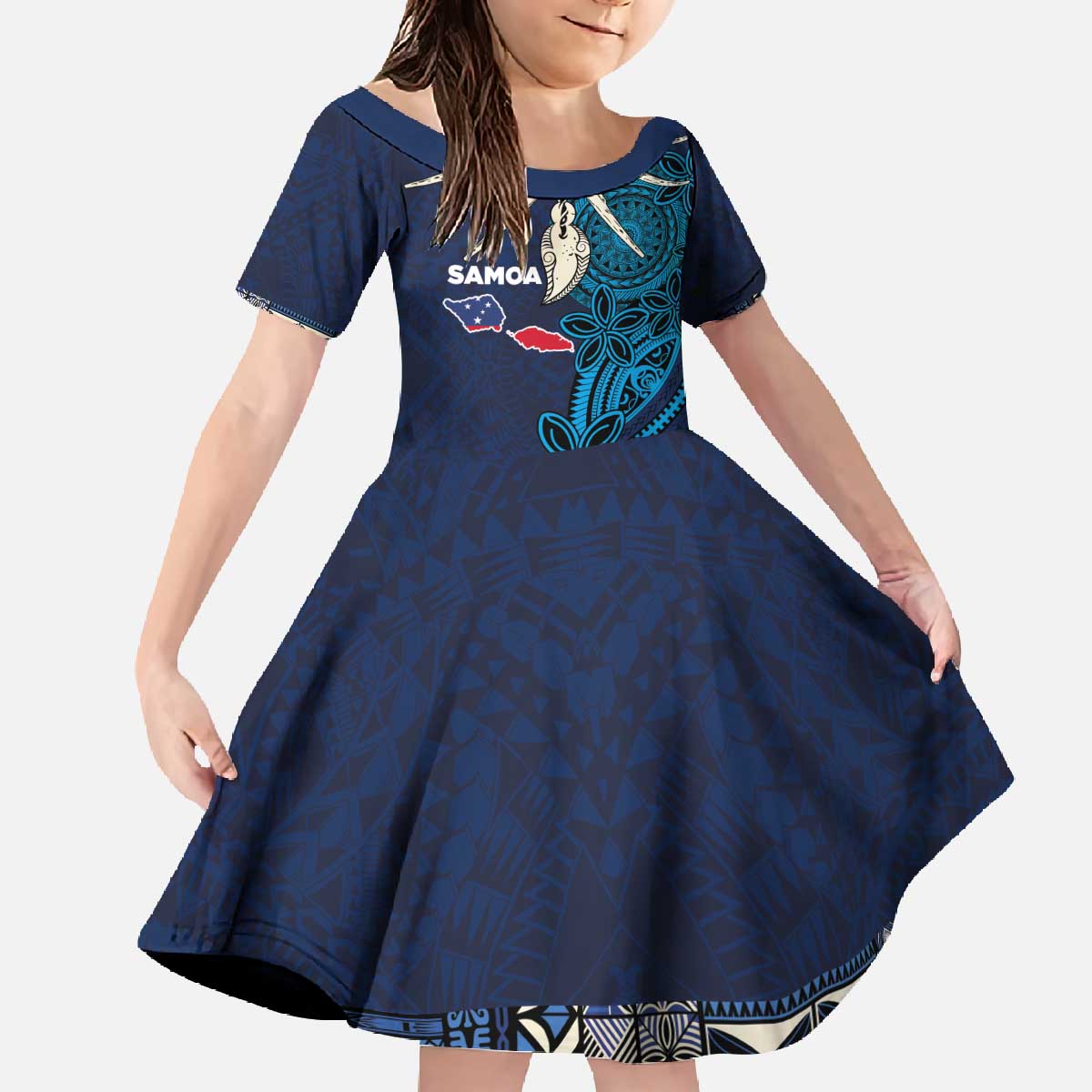 Samoa Siapo Polynesian Art Family Matching Off The Shoulder Long Sleeve Dress and Hawaiian Shirt Tropical Flowers and Tatau Pattern Navy LT03 Daughter's Dress Navy - Polynesian Pride