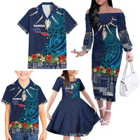 Samoa Siapo Polynesian Art Family Matching Off The Shoulder Long Sleeve Dress and Hawaiian Shirt Tropical Flowers and Tatau Pattern Navy LT03 - Polynesian Pride