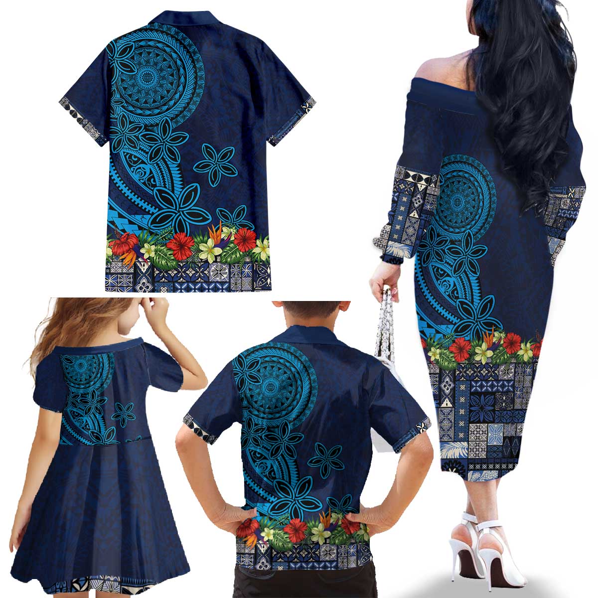 Samoa Siapo Polynesian Art Family Matching Off The Shoulder Long Sleeve Dress and Hawaiian Shirt Tropical Flowers and Tatau Pattern Navy LT03 - Polynesian Pride