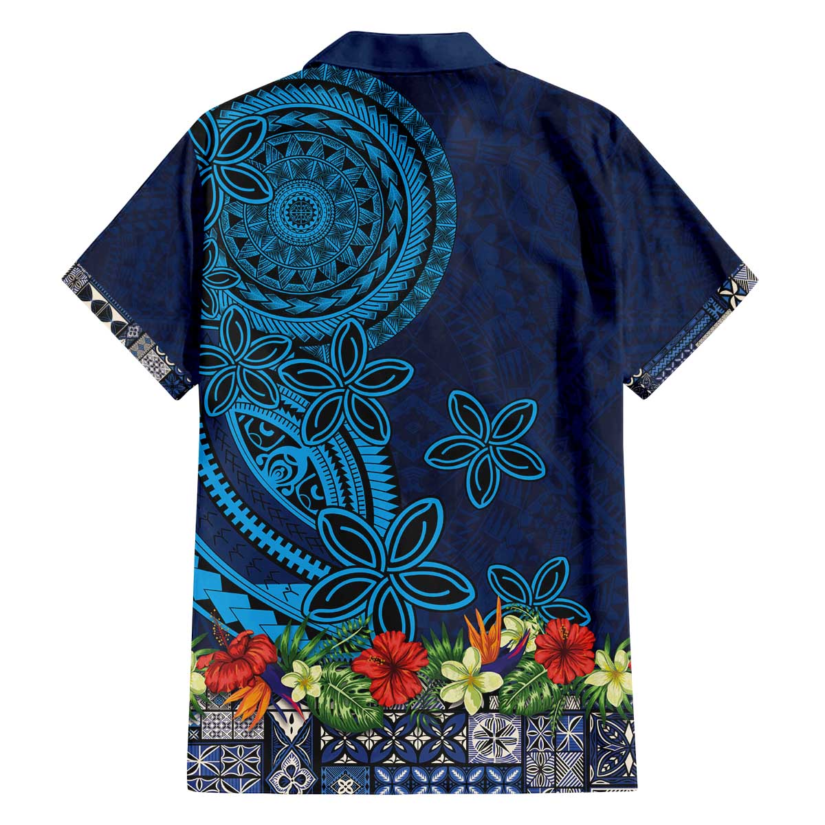 Samoa Siapo Polynesian Art Family Matching Off The Shoulder Long Sleeve Dress and Hawaiian Shirt Tropical Flowers and Tatau Pattern Navy LT03 - Polynesian Pride