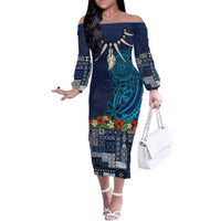 Samoa Siapo Polynesian Art Family Matching Off The Shoulder Long Sleeve Dress and Hawaiian Shirt Tropical Flowers and Tatau Pattern Navy LT03 Mom's Dress Navy - Polynesian Pride