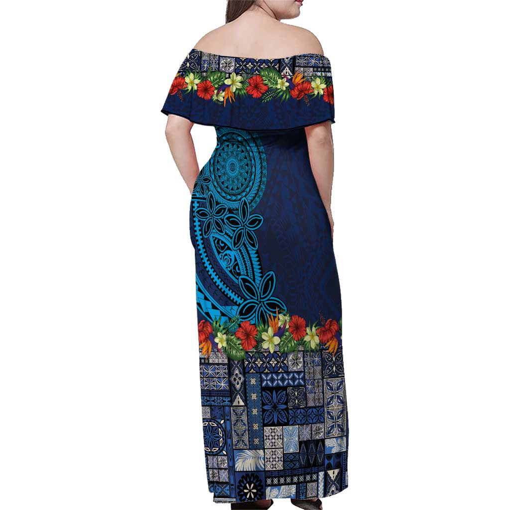 Samoa Siapo Polynesian Art Family Matching Off Shoulder Maxi Dress and Hawaiian Shirt Tropical Flowers and Tatau Pattern Navy