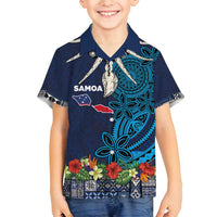 Samoa Siapo Polynesian Art Family Matching Off Shoulder Maxi Dress and Hawaiian Shirt Tropical Flowers and Tatau Pattern Navy