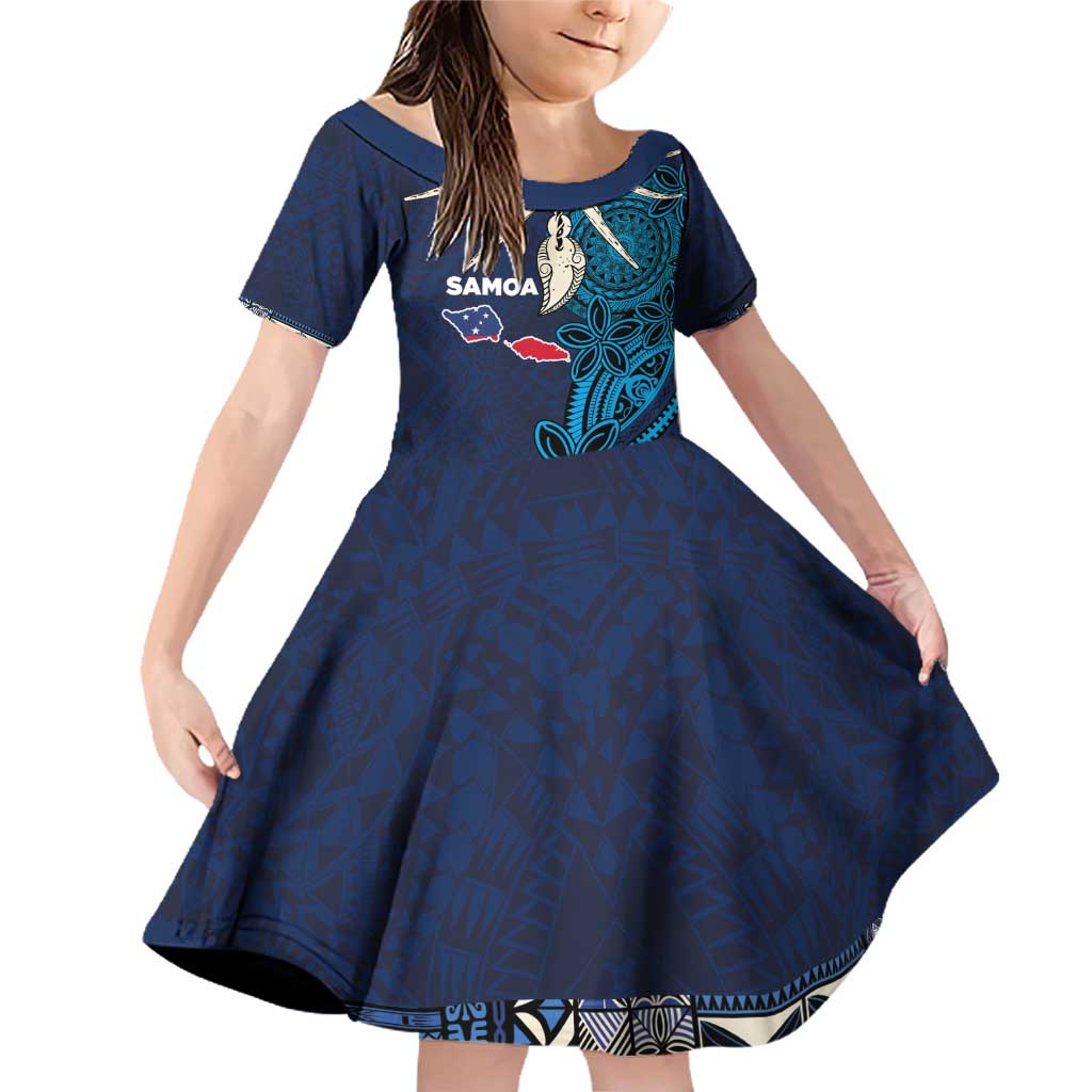 Samoa Siapo Polynesian Art Family Matching Off Shoulder Short Dress and Hawaiian Shirt Tropical Flowers and Tatau Pattern Navy LT03 Daughter's Dress Navy - Polynesian Pride