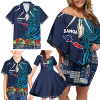 Samoa Siapo Polynesian Art Family Matching Off Shoulder Short Dress and Hawaiian Shirt Tropical Flowers and Tatau Pattern Navy LT03 - Polynesian Pride