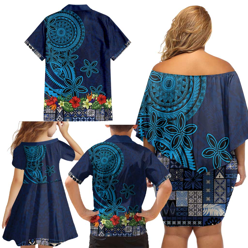 Samoa Siapo Polynesian Art Family Matching Off Shoulder Short Dress and Hawaiian Shirt Tropical Flowers and Tatau Pattern Navy LT03 - Polynesian Pride