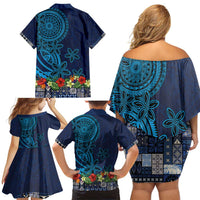 Samoa Siapo Polynesian Art Family Matching Off Shoulder Short Dress and Hawaiian Shirt Tropical Flowers and Tatau Pattern Navy LT03 - Polynesian Pride