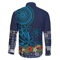 Samoa Siapo Polynesian Art Family Matching Off Shoulder Short Dress and Hawaiian Shirt Tropical Flowers and Tatau Pattern Navy LT03 - Polynesian Pride