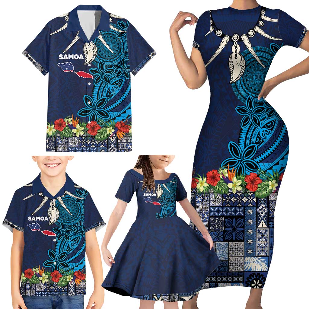 Samoa Siapo Polynesian Art Family Matching Short Sleeve Bodycon Dress and Hawaiian Shirt Tropical Flowers and Tatau Pattern Navy LT03 - Polynesian Pride