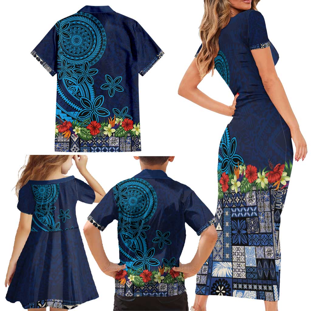 Samoa Siapo Polynesian Art Family Matching Short Sleeve Bodycon Dress and Hawaiian Shirt Tropical Flowers and Tatau Pattern Navy LT03 - Polynesian Pride