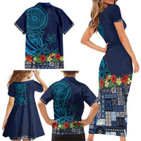 Samoa Siapo Polynesian Art Family Matching Short Sleeve Bodycon Dress and Hawaiian Shirt Tropical Flowers and Tatau Pattern Navy LT03 - Polynesian Pride
