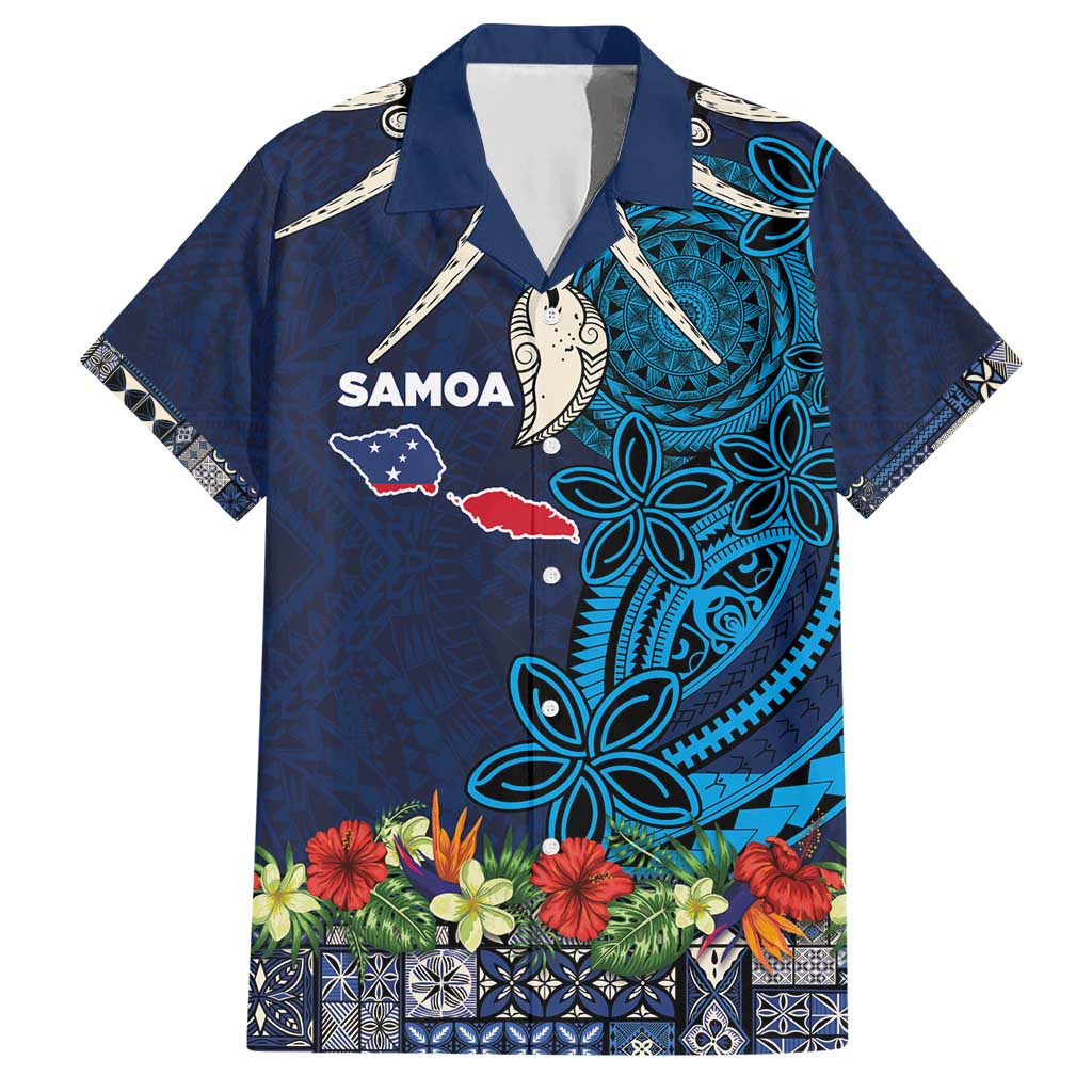 Samoa Siapo Polynesian Art Family Matching Short Sleeve Bodycon Dress and Hawaiian Shirt Tropical Flowers and Tatau Pattern Navy LT03 Dad's Shirt - Short Sleeve Navy - Polynesian Pride