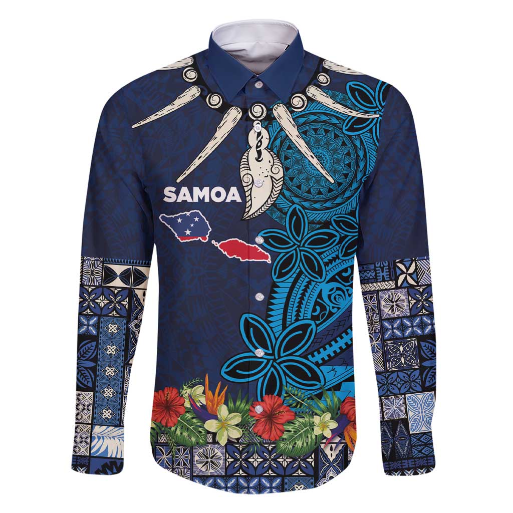 Samoa Siapo Polynesian Art Family Matching Short Sleeve Bodycon Dress and Hawaiian Shirt Tropical Flowers and Tatau Pattern Navy LT03 Dad's Shirt - Long Sleeve Navy - Polynesian Pride