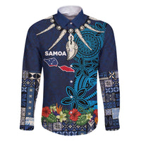 Samoa Siapo Polynesian Art Family Matching Short Sleeve Bodycon Dress and Hawaiian Shirt Tropical Flowers and Tatau Pattern Navy LT03 Dad's Shirt - Long Sleeve Navy - Polynesian Pride
