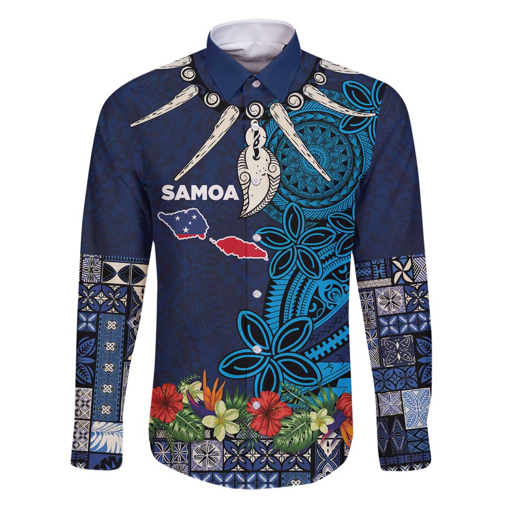 Samoa Siapo Polynesian Art Family Matching Tank Maxi Dress and Hawaiian Shirt Tropical Flowers and Tatau Pattern Navy LT03 Dad's Shirt - Long Sleeve Navy - Polynesian Pride