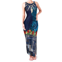 Samoa Siapo Polynesian Art Family Matching Tank Maxi Dress and Hawaiian Shirt Tropical Flowers and Tatau Pattern Navy LT03 Mom's Dress Navy - Polynesian Pride