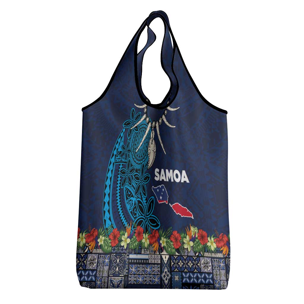 Samoa Siapo Polynesian Art Grocery Bag Tropical Flowers and Tatau Pattern Navy
